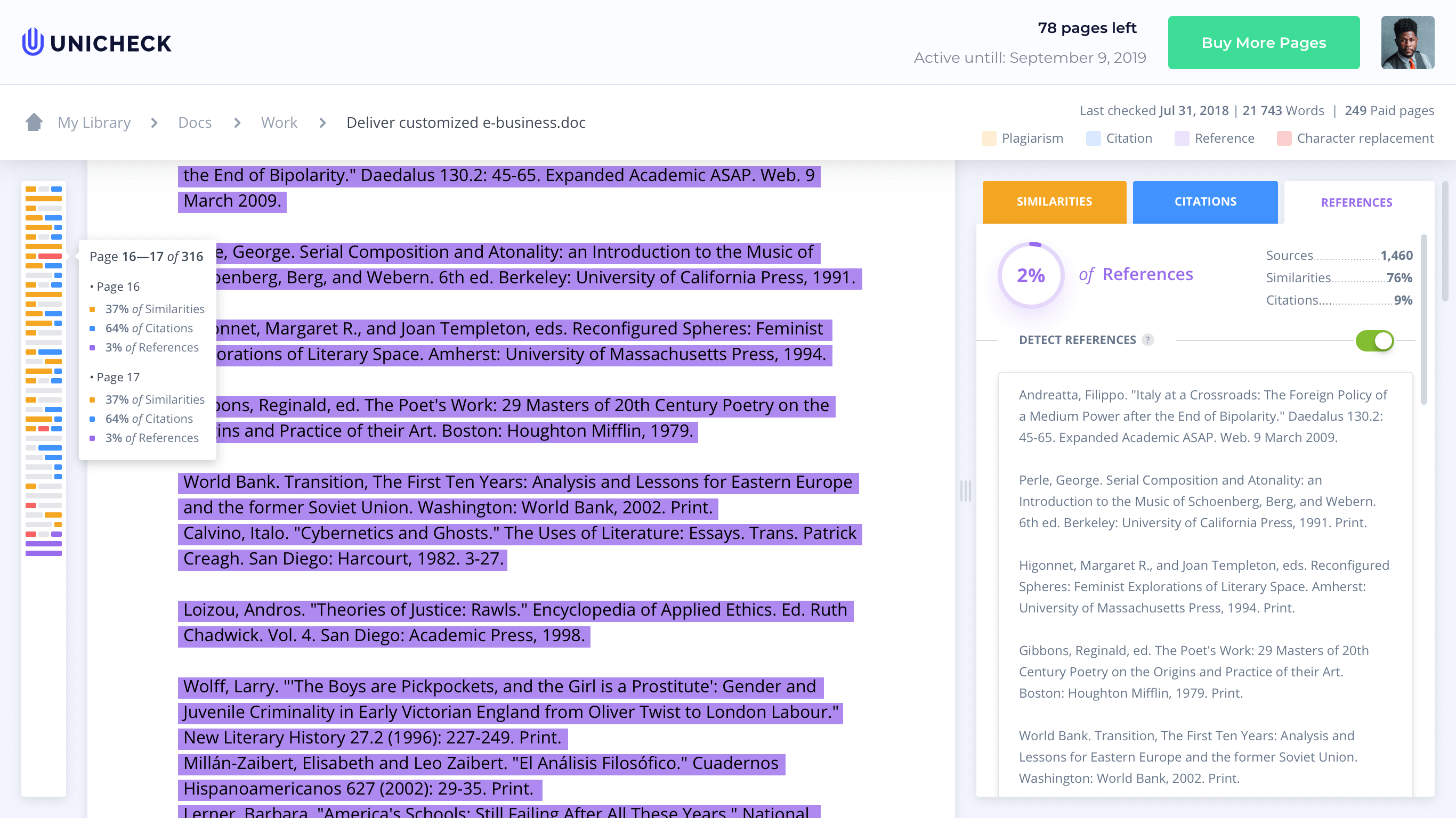 Referencias en el informe de detección de plagio de Unicheck